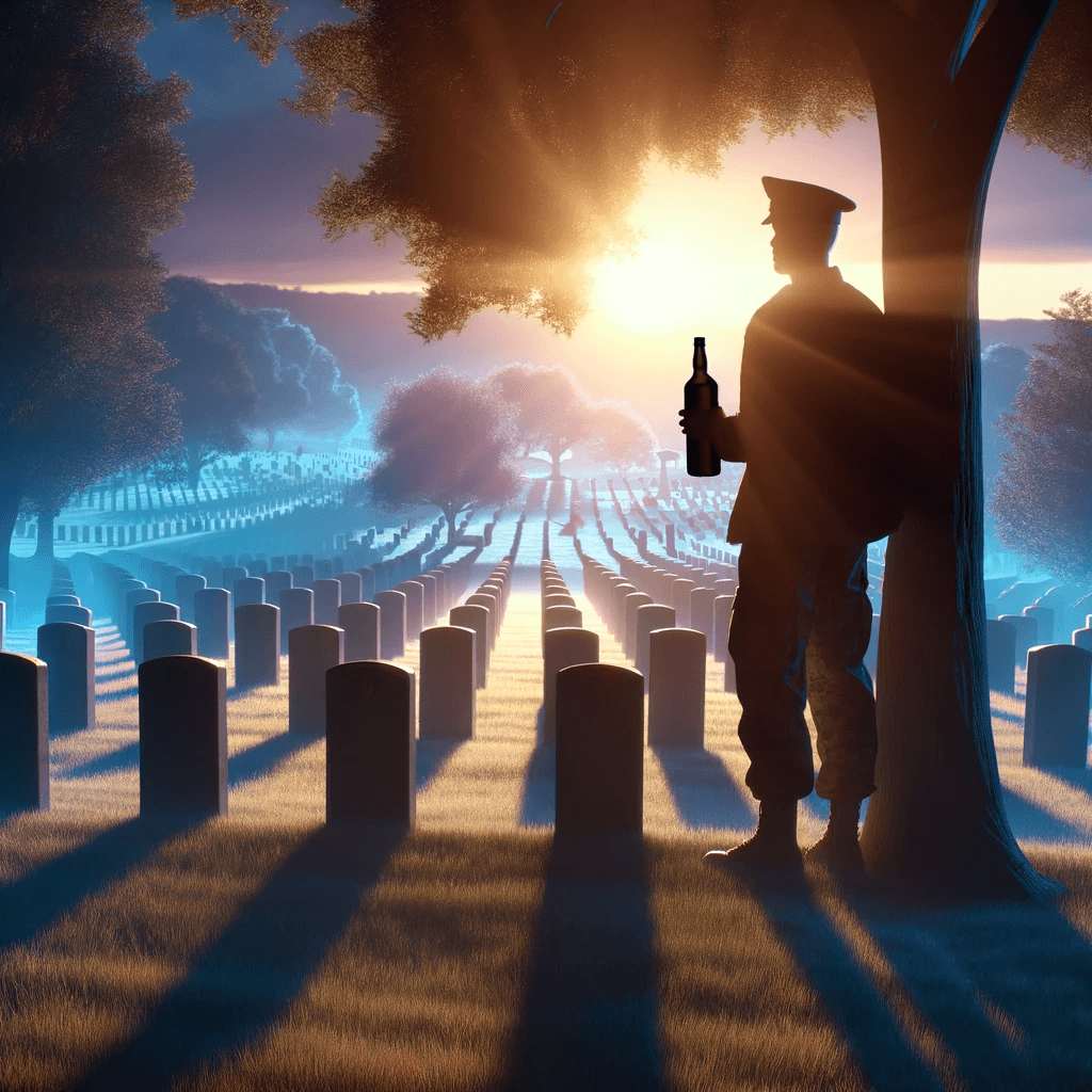 a soldier silhouetted against a veterans' cemetery