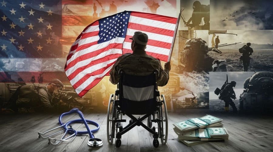Veteran in Wheelchair with American Flag representing PACT Act Benefits