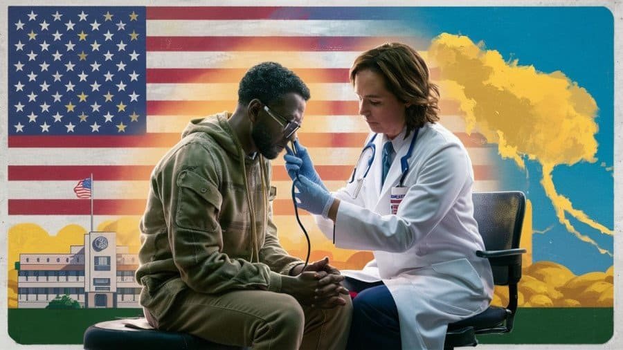 A veteran getting a medical checkup at a VA clinic. An American flag hangs in the background, and a faint outline of a toxic cloud underscores the importance of healthcare.